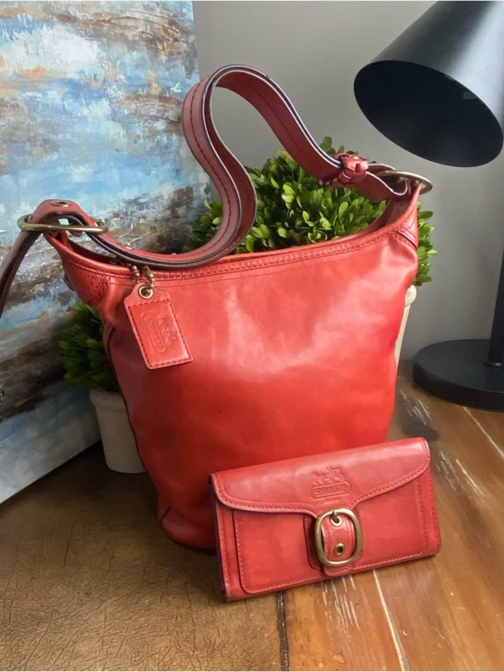 Coach Chili Red Tattersall Bleecker Bucket Bag and Waller Set Bundle Y2K - Picture 16 of 17
